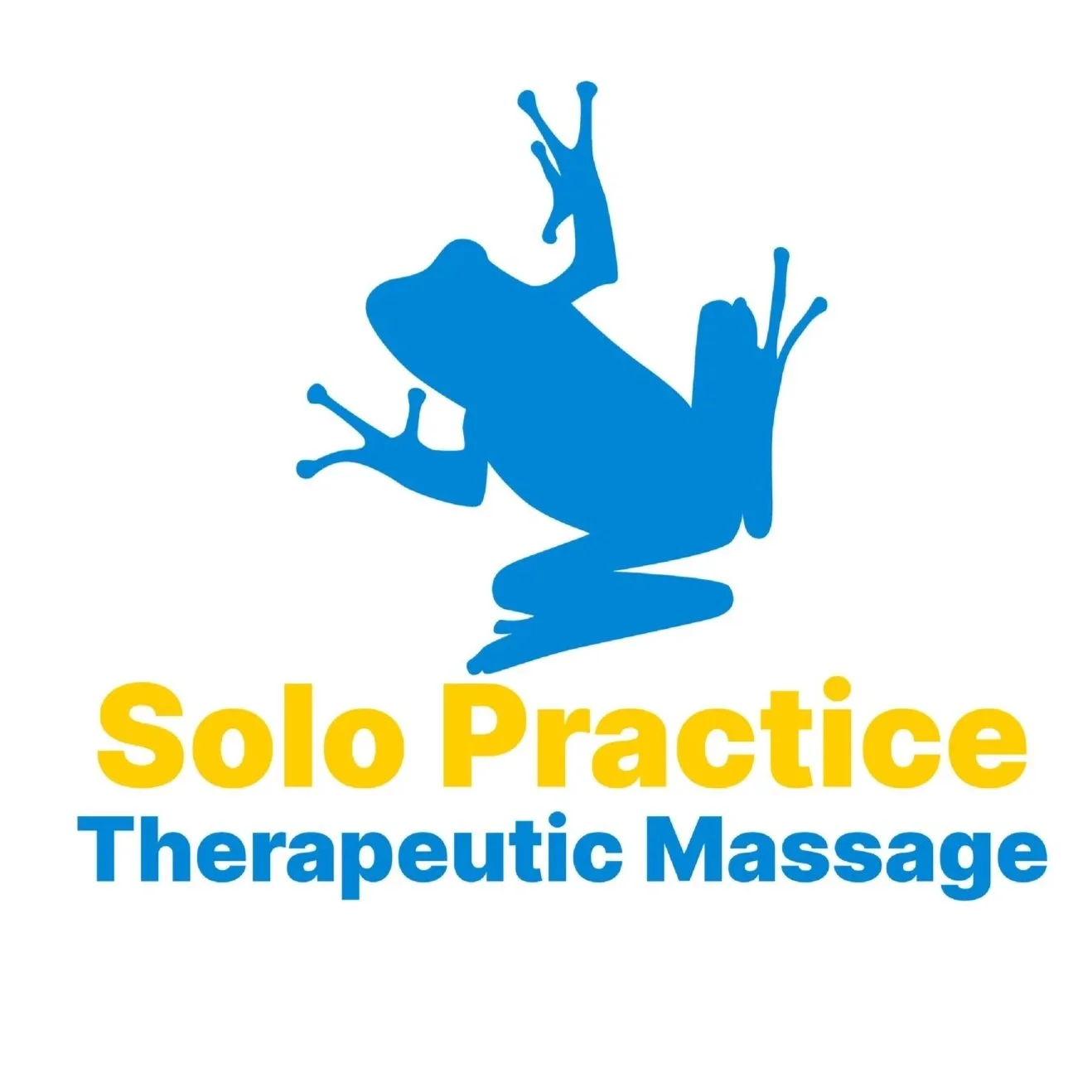 Blue frog silhouette with yellow and blue text reading 'Solo Practice Therapeutic Massage'