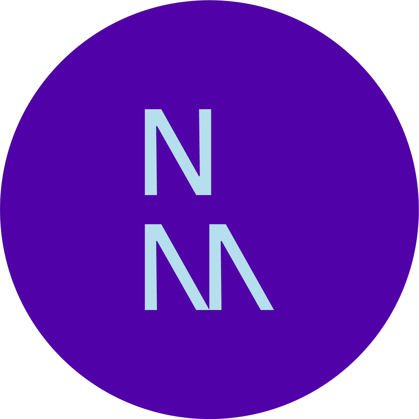 Een blauw en paars pictogram met de letter N dubbel, gestileerd en symmetrisch.