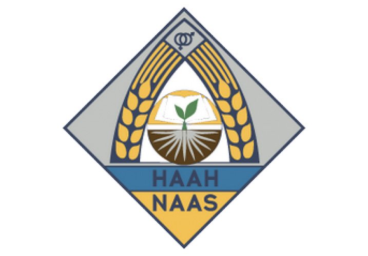 Logo of HAAH NAAS with a diamond shape, wheat stalks, a plant sprouting from soil, and a blue and yellow banner.
