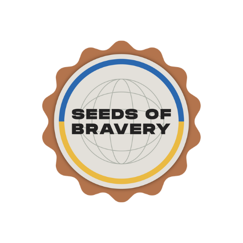 Logo with the text 'Seeds of Bravery' inside a circular badge with a globe outline.