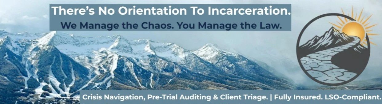 Mountain landscape with snow-capped peaks and a logo of mountains and a sun setting behind them. The image contains text about managing chaos and law, with additional services listed.