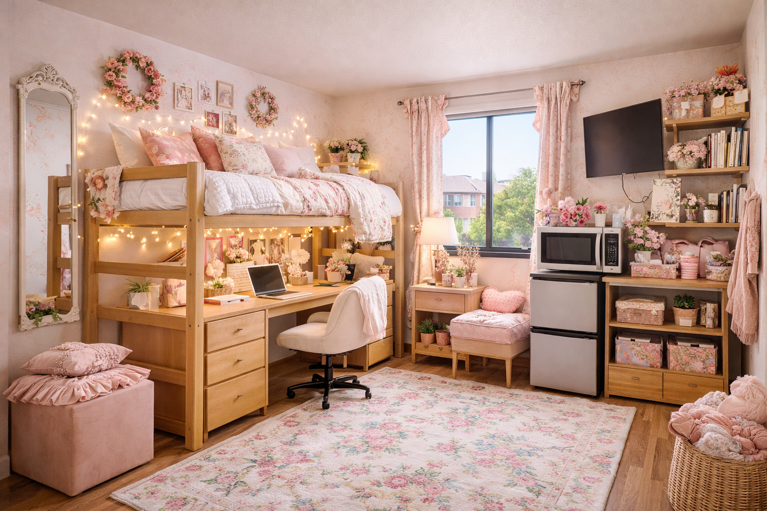 A cozy, pink-themed dorm room with a loft bed, fairy lights, floral decor, a desk, chair, small rug, window with pink curtains, and shelves with books and decorative items.