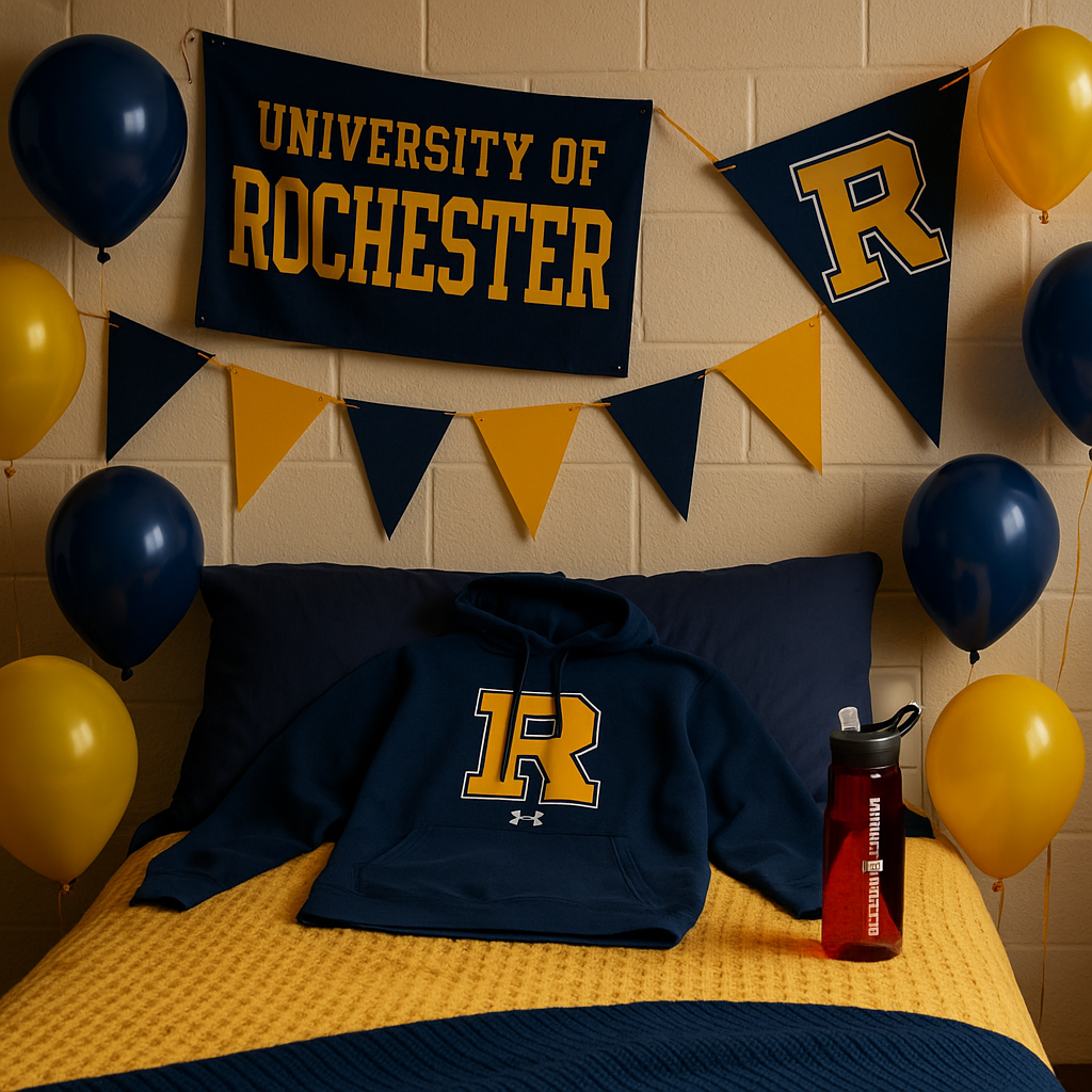 Decorated college dorm bed with University of Rochester banner, pennant, and balloons in navy and yellow. A navy hoodie with the Rochester 'R' logo is on the bed, alongside a red water bottle.