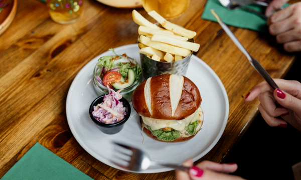 A burger and chips from our Kids Menu at The Barrelman