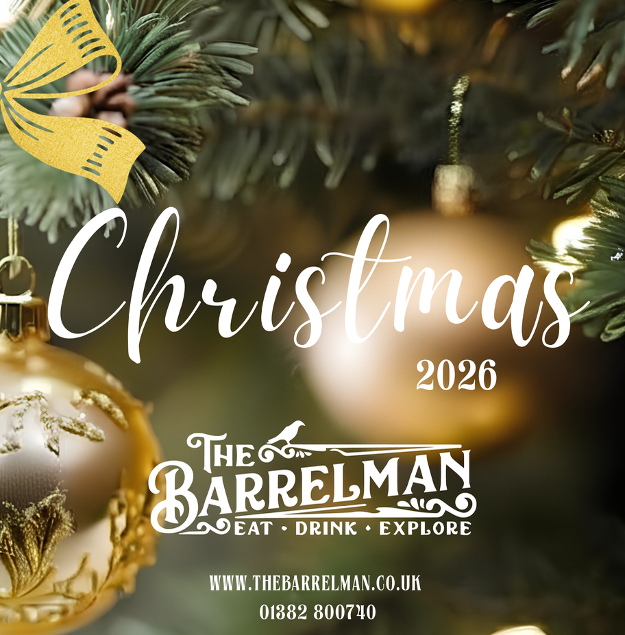 Close-up of a decorated Christmas tree with gold and white ornaments, golden bow, and evergreen branches, with text reading "Christmas 2026" and "The Barrelman" along with website and contact information.