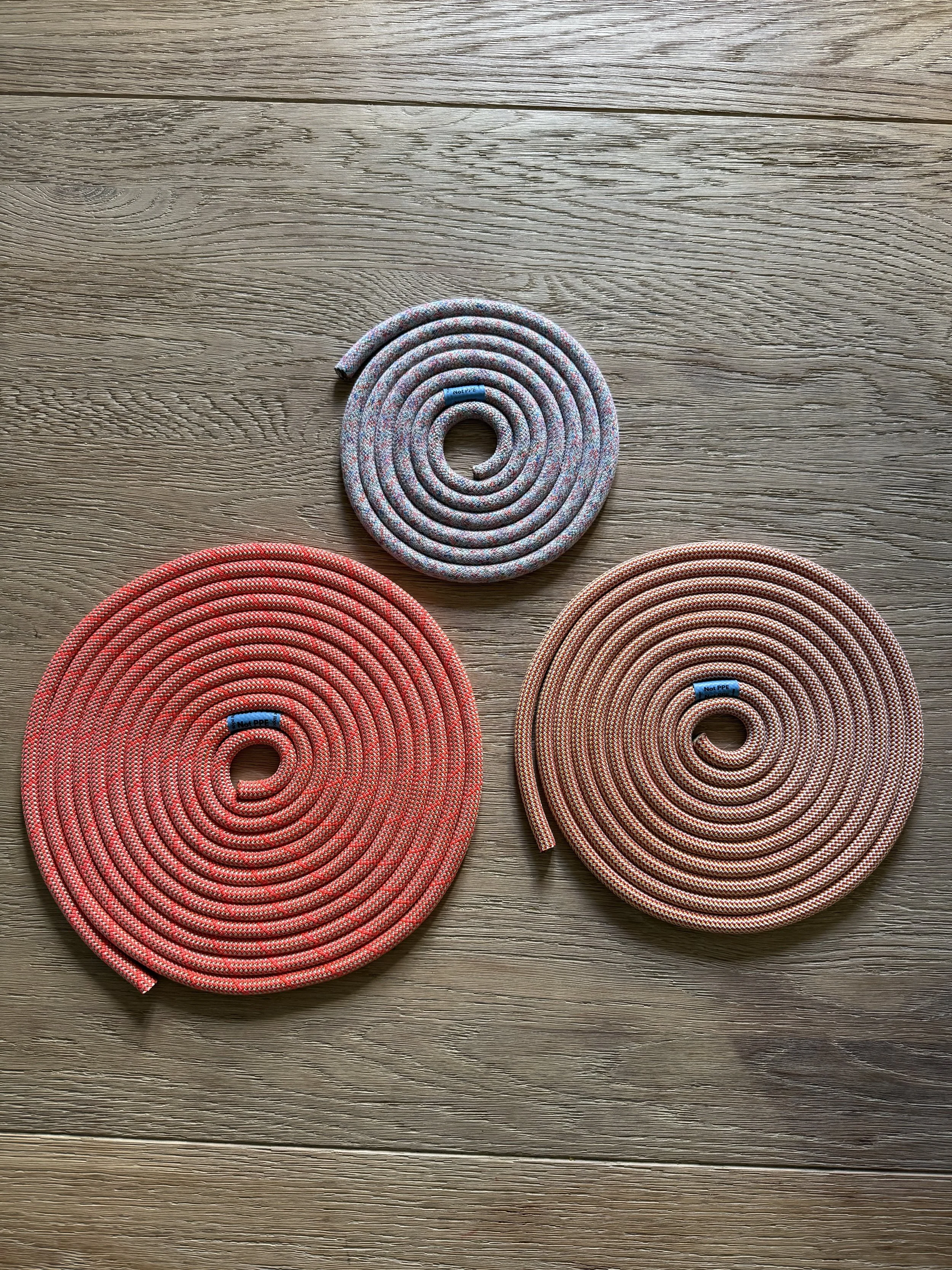 2, 4 and 6m rope coils on a wooden surface