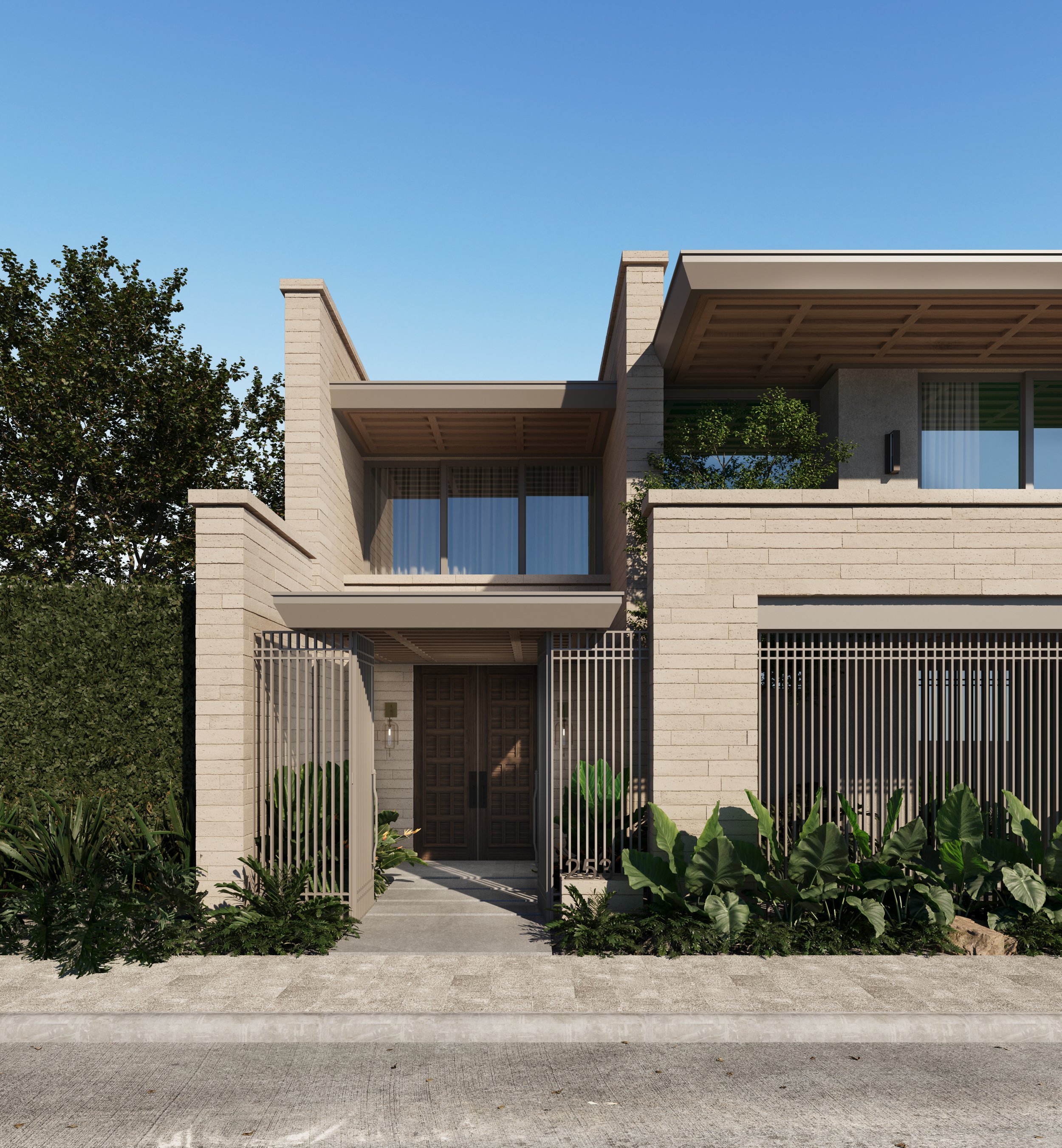 Fachada residencial contemporánea diseñada por Reform Studio en Monterrey, Nuevo León. Diseño de fachada moderno, mármol, madera, ventanales.