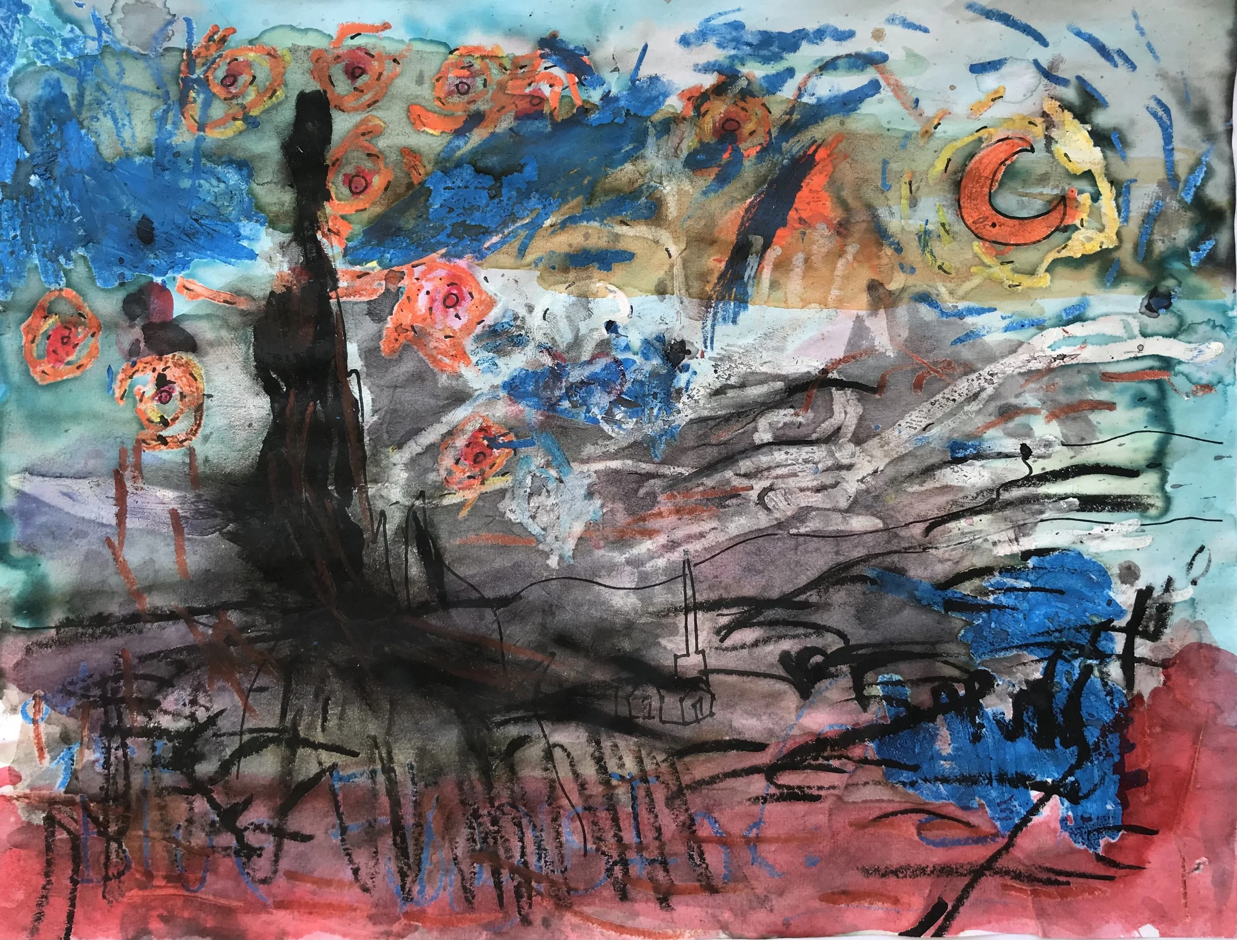 K.B., Oil pastel and watercolor, 9 in x 12 in 