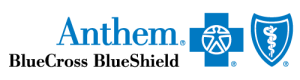 Anthem logo with blue text and symbols including a dollar sign, a building, and a shield with a medical emblem.