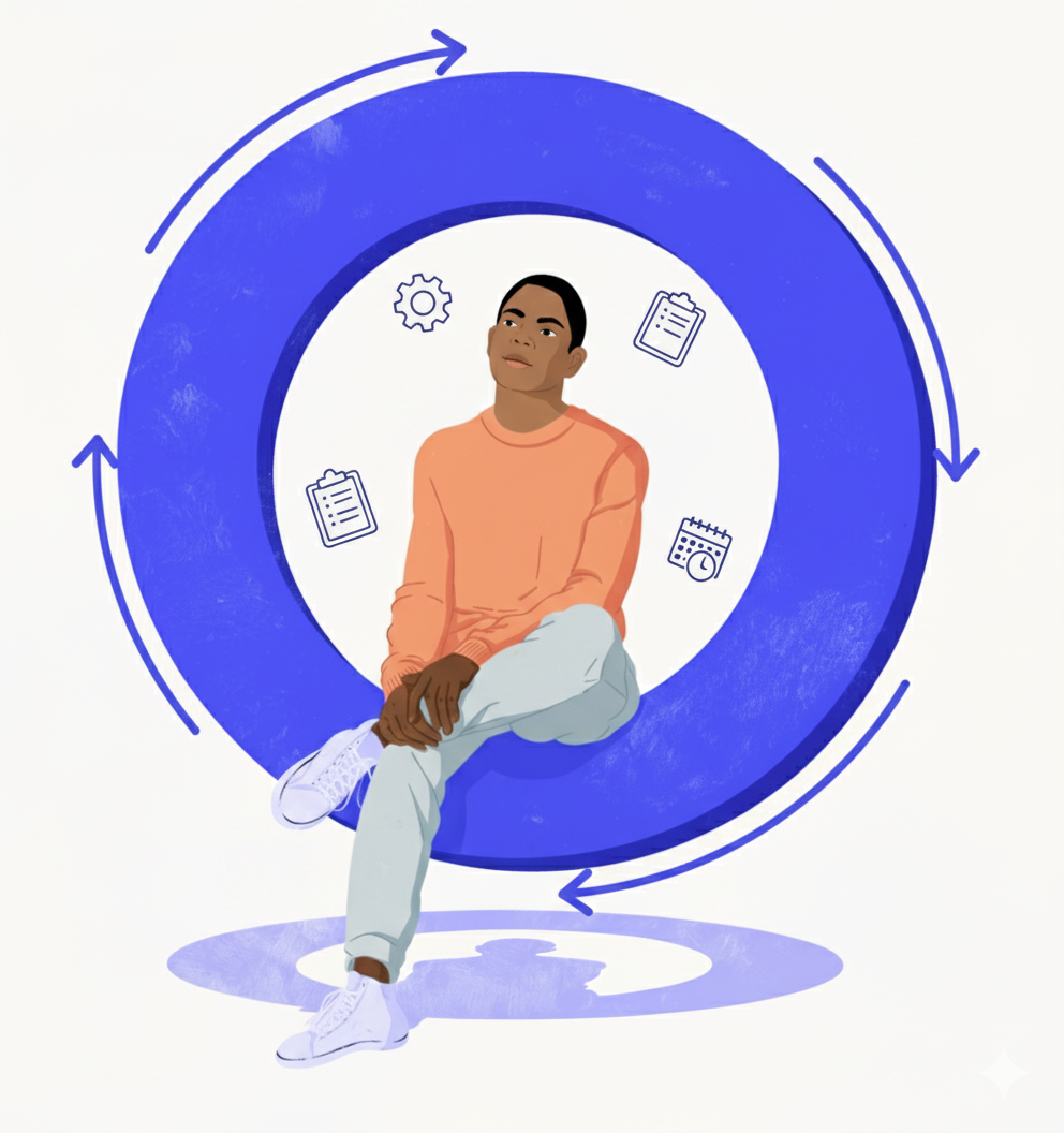 Illustration of a young man sitting cross-legged, surrounded by a blue circular arrow and icons of a notepad, gear, and calendar, suggesting a cycle or process.