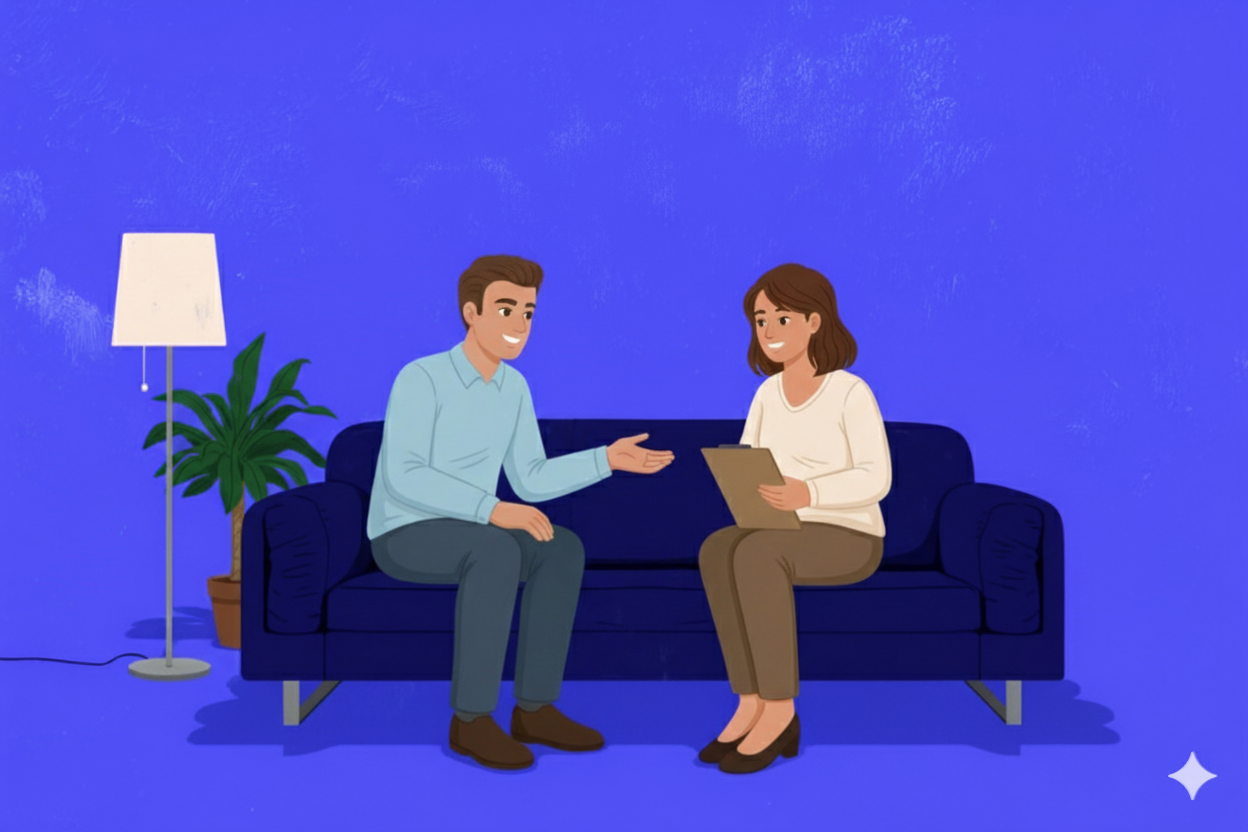 A cartoon illustration of a man and woman sitting on a dark blue sofa in conversation, with the woman holding a clipboard, against a blue background with a floor lamp and a potted plant nearby.