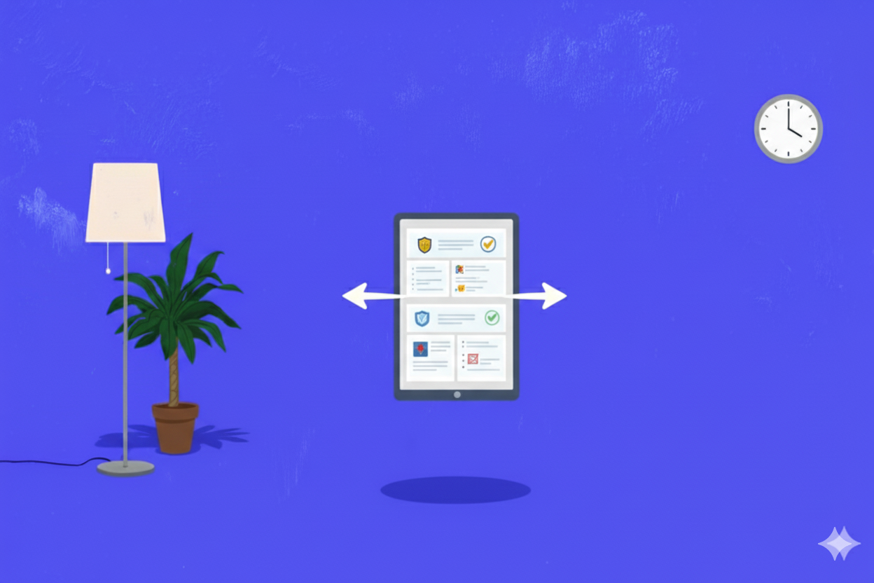 A digital illustration of a tablet showing security and profile information, with arrows pointing left and right, set against a blue background with a potted plant, a floor lamp, a clock, and a star-shaped decoration.