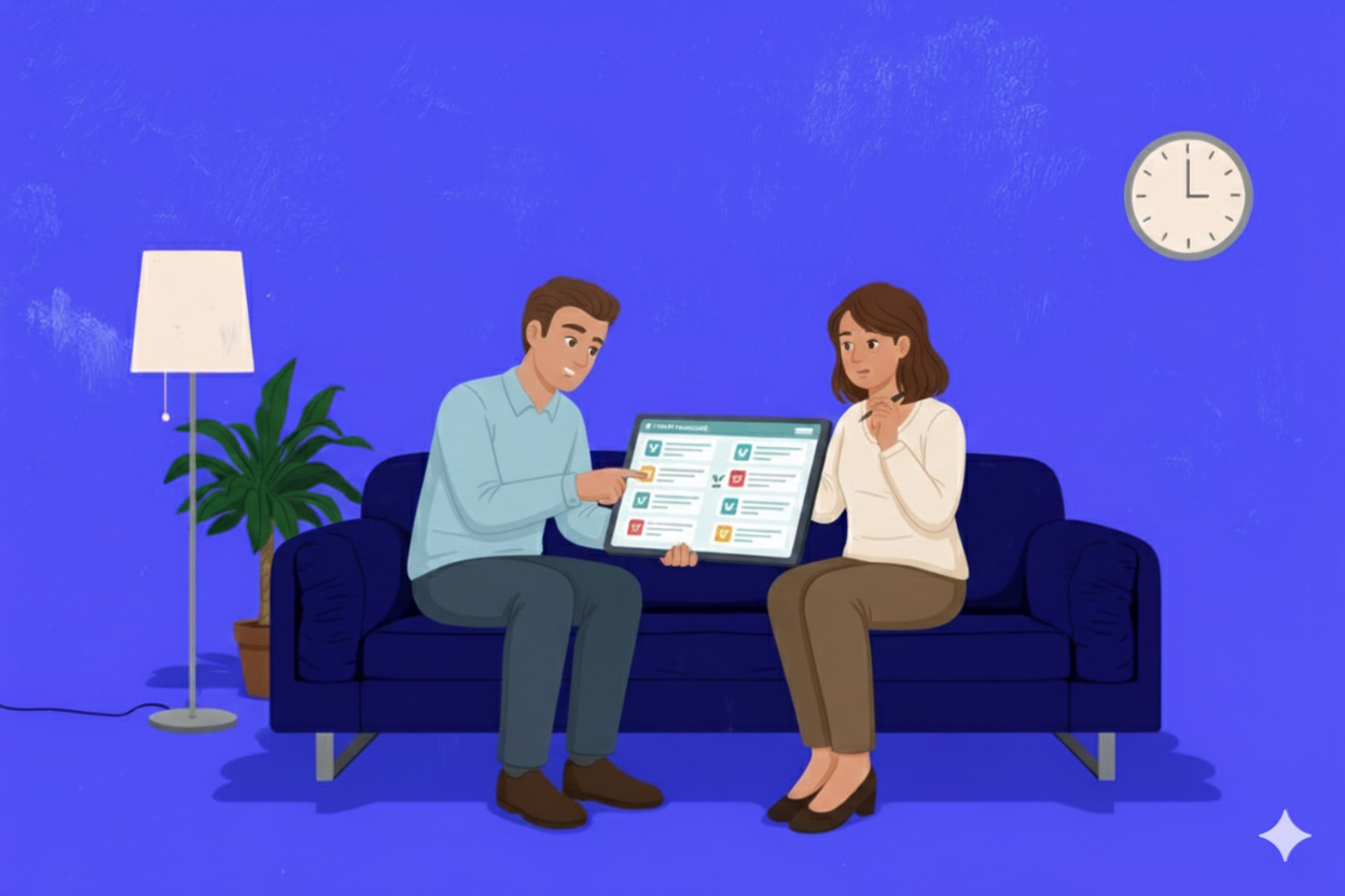 Two people sitting on a dark blue couch, consulting a tablet, in a room with a blue wall, a lamp, a potted plant, and a clock showing 3:00.