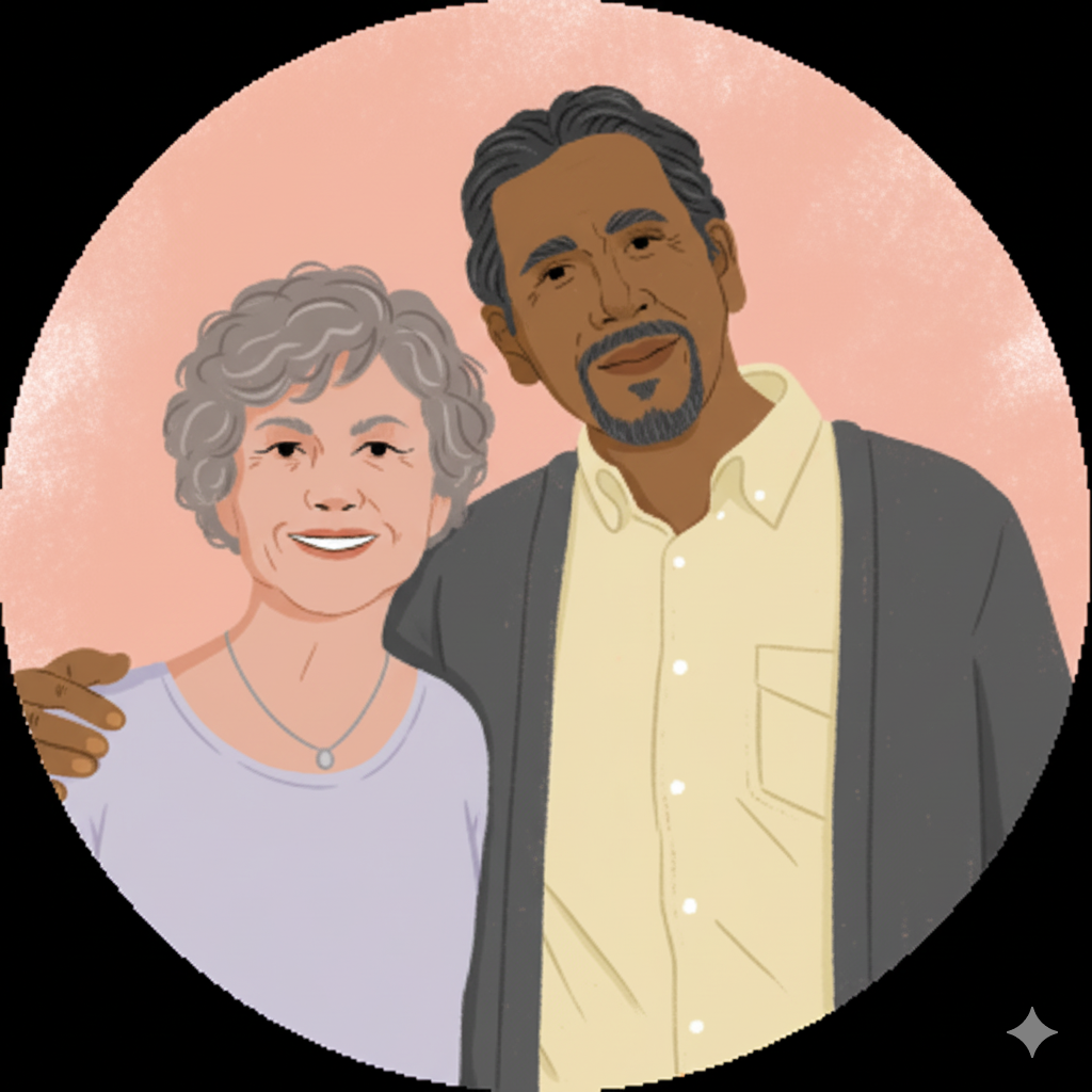 An illustrated portrait of an elderly woman and a middle-aged man smiling, with the woman wearing a light-colored top and a necklace, and the man wearing a yellow shirt and a dark blazer, against a pink background.