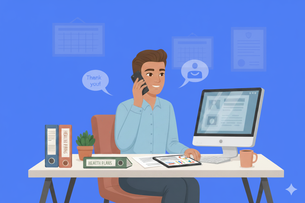 Illustration of a man at a desk talking on a phone, with a computer, documents, binders labeled 'Health Plans', a tablet, a coffee mug, and a small plant on the desk, with speech bubbles saying 'Thank you!' and a person icon.