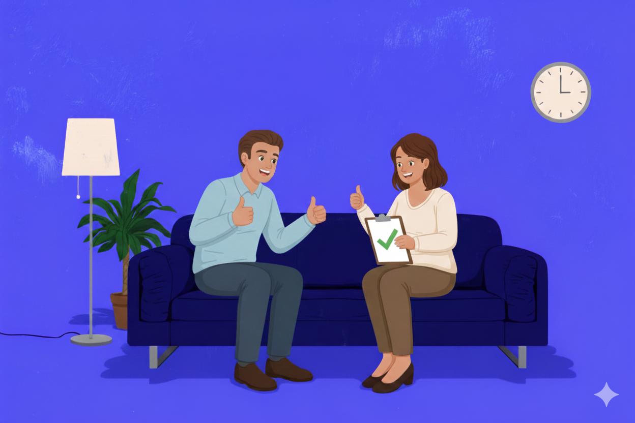 A man and woman sitting on a blue couch in an office or therapy setting, giving thumbs up. The woman holds a clipboard with a green checkmark. There is a potted plant, a tall floor lamp, and a clock on the wall showing 3 o'clock.