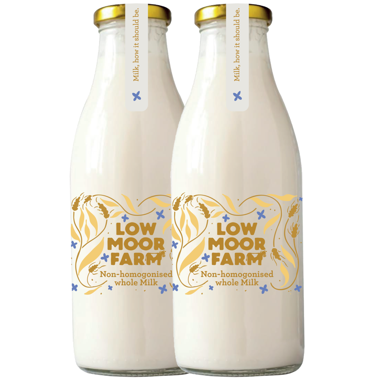 Two bottles of Low Moor Farm non-homogenized whole milk with cream-colored labels and gold caps.