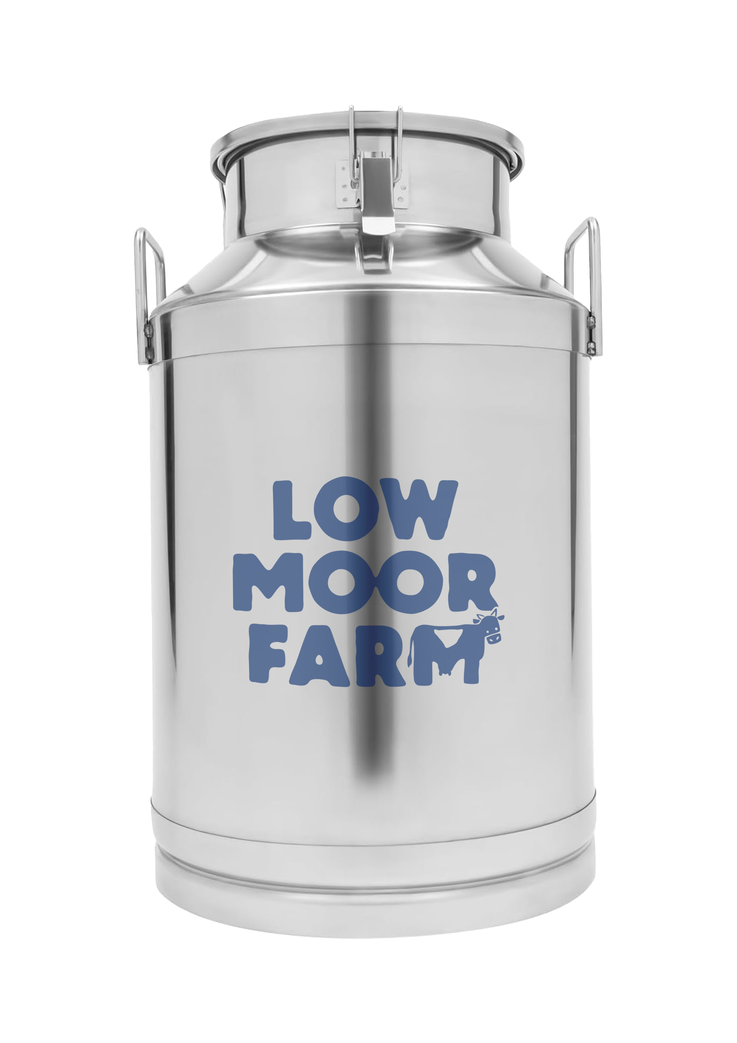 A shiny metal milk can with the words 'Low Moo Farm' printed on it, featuring a small cow illustration, against a background divided vertically into black and white halves.