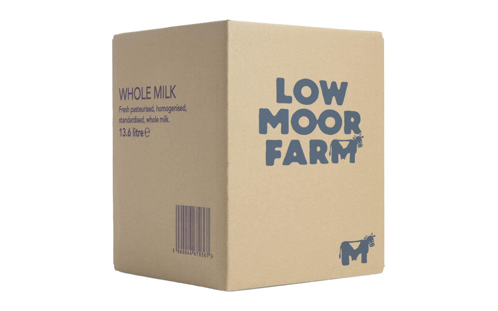 A beige cardboard carton of Low Moor Farm whole milk with blue text and cow illustrations.