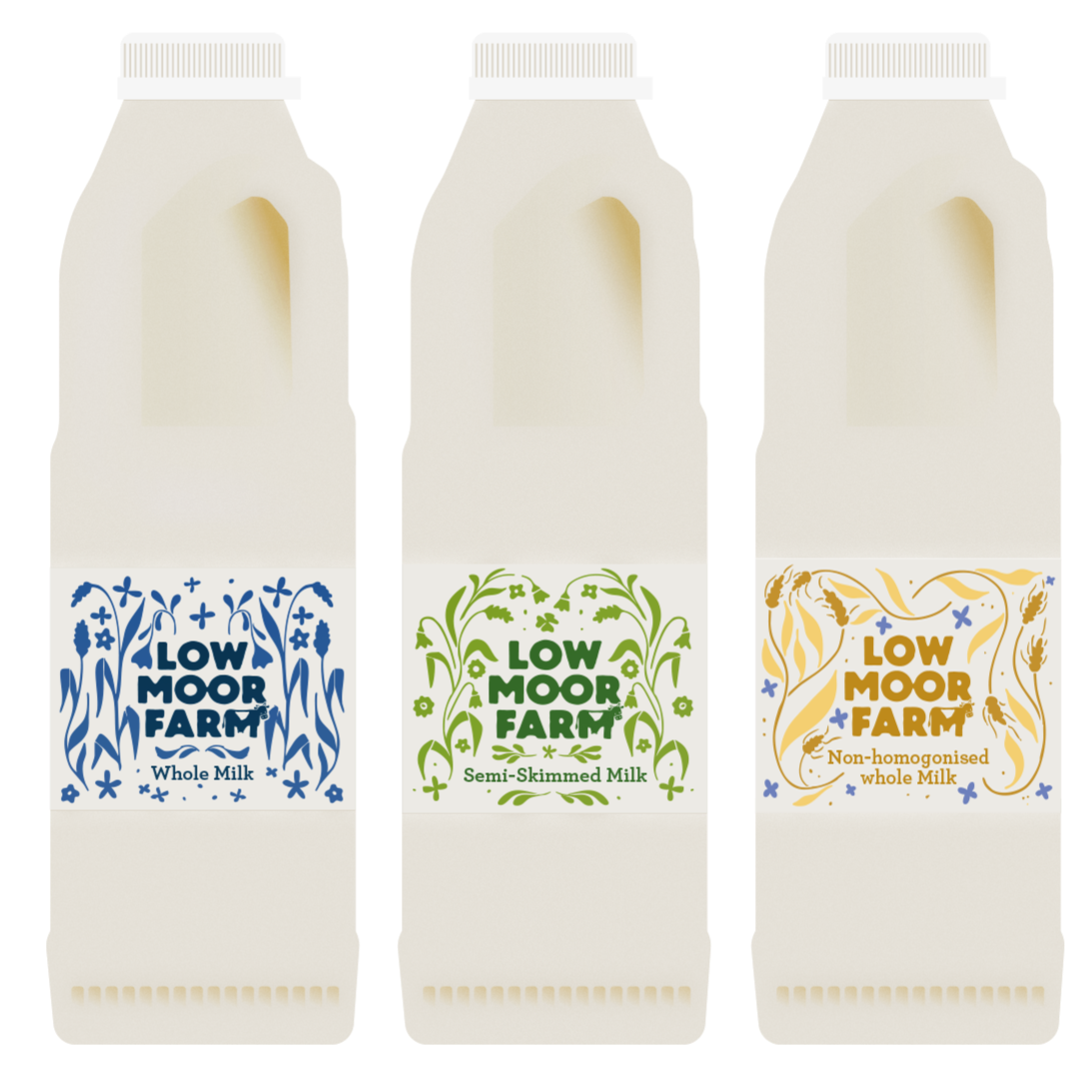 Three cartons of Low Moor Farm milk, labeled Whole Milk, Semi-Skimmed Milk, and Non-homogenized Whole Milk.