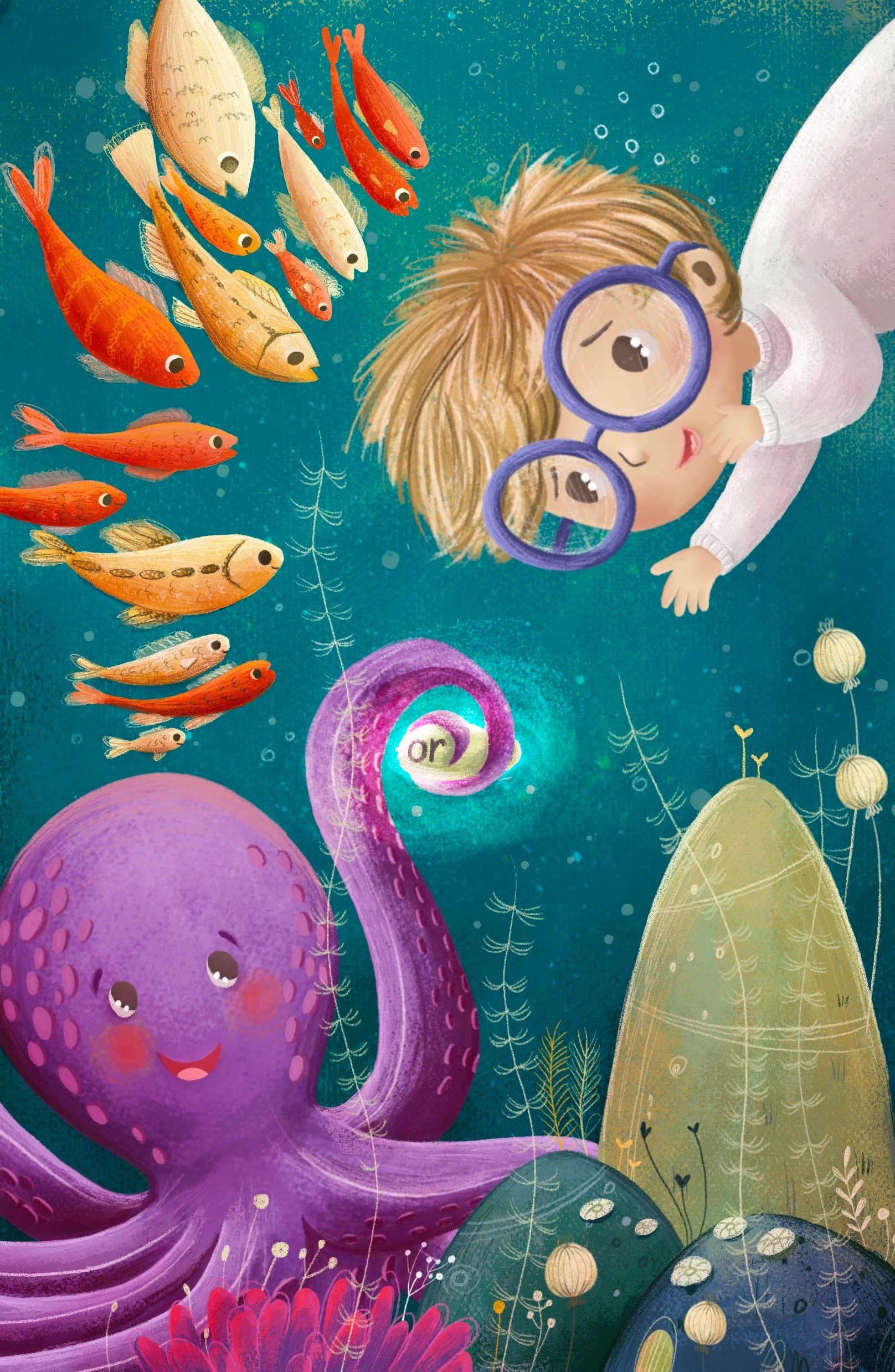 An underwater scene with a young boy wearing purple glasses and a white sweater, swimming among colorful fish and a smiling purple octopus. The scene includes sea plants, rocks, and a glowing spiral in the background.