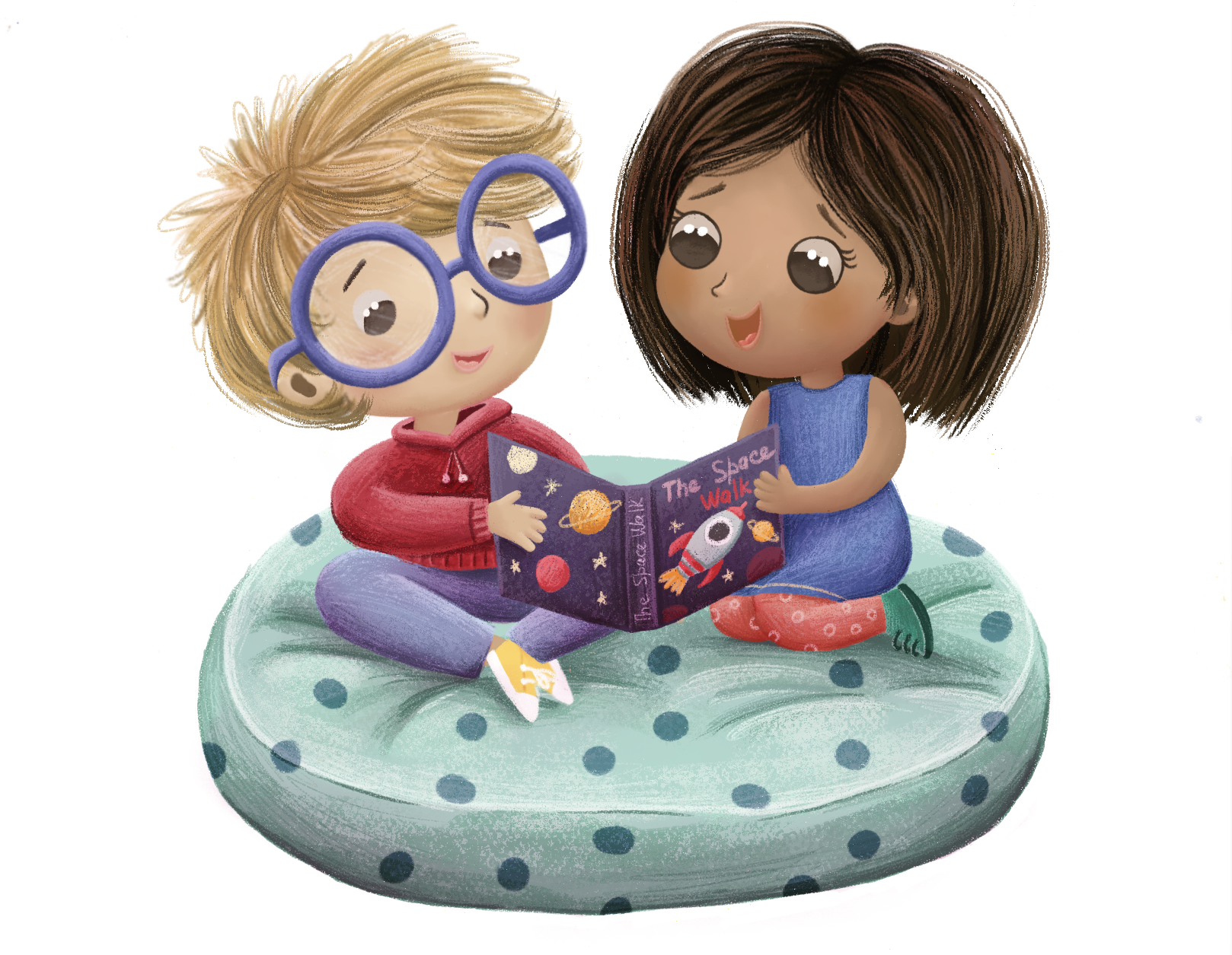 Two cartoon children sitting on a dotted round cushion, reading a space-themed book together. The child on the left wears large glasses, a red hoodie, and purple pants. The child on the right wears a blue dress and red leggings with white dots.