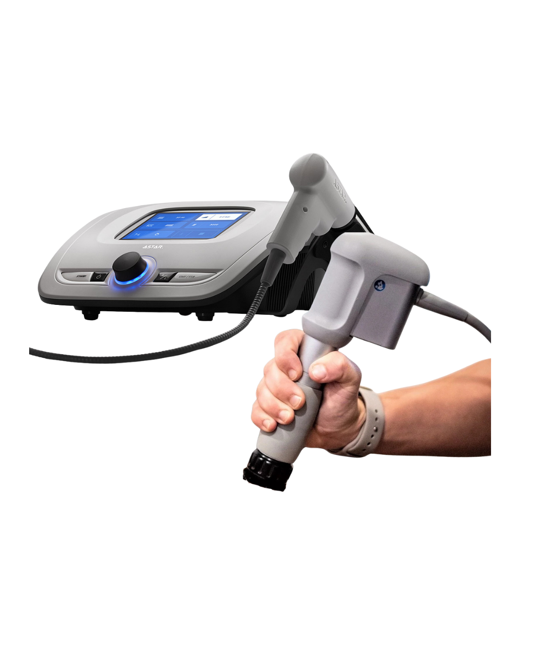 Shockwave medical device with a human hand holding the handheld portion of the device. The handheld portion is connected to a larger machine with a digital interface.