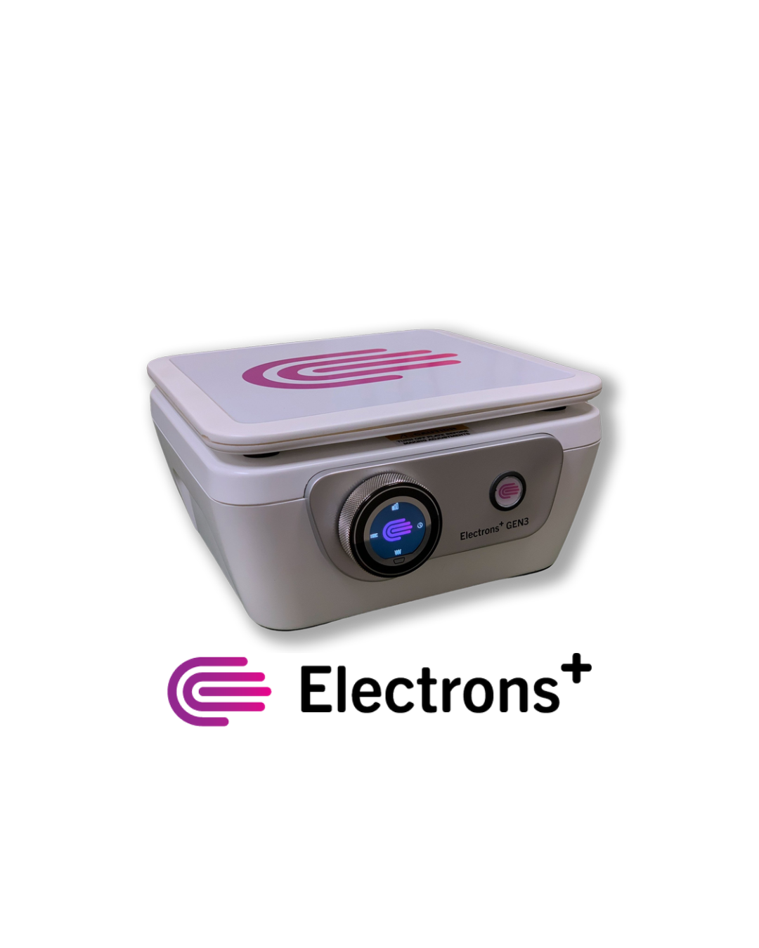 Medical device with a digital dial and a logo on its surface, labeled Electron+ GEN3, with the word Electrons and a logo at the bottom.