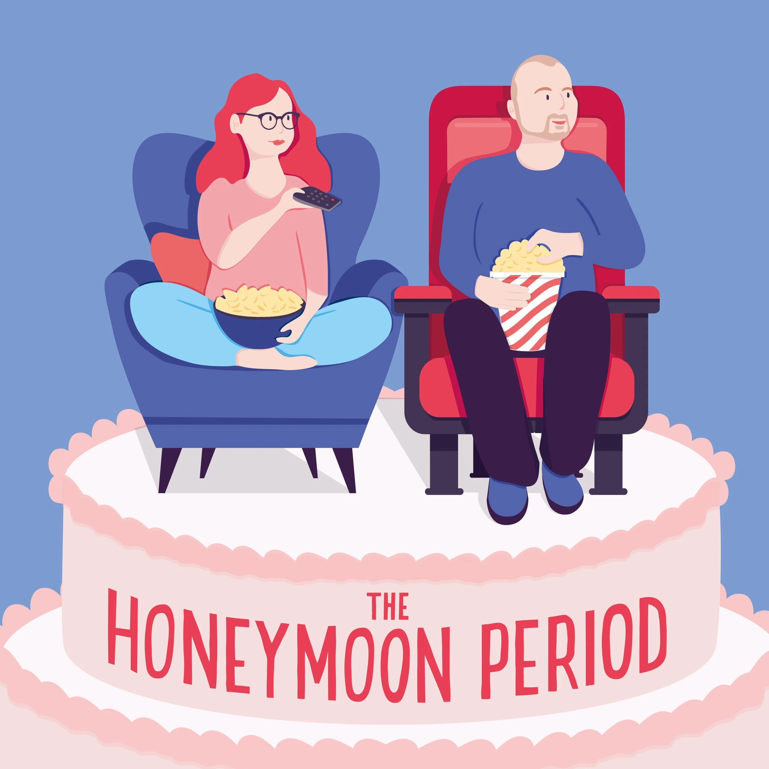 Illustration of a woman and a man sitting on chairs, watching a movie with popcorn, with a festive pink and white themed backdrop.