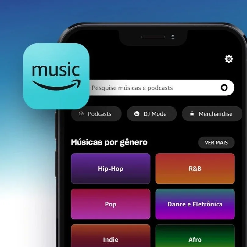Smartphone screen displaying a music app interface with genres like Hip-Hop, R&B, Pop, Dance, Eletrônica, Indie, and Afro, and a search bar at the top.