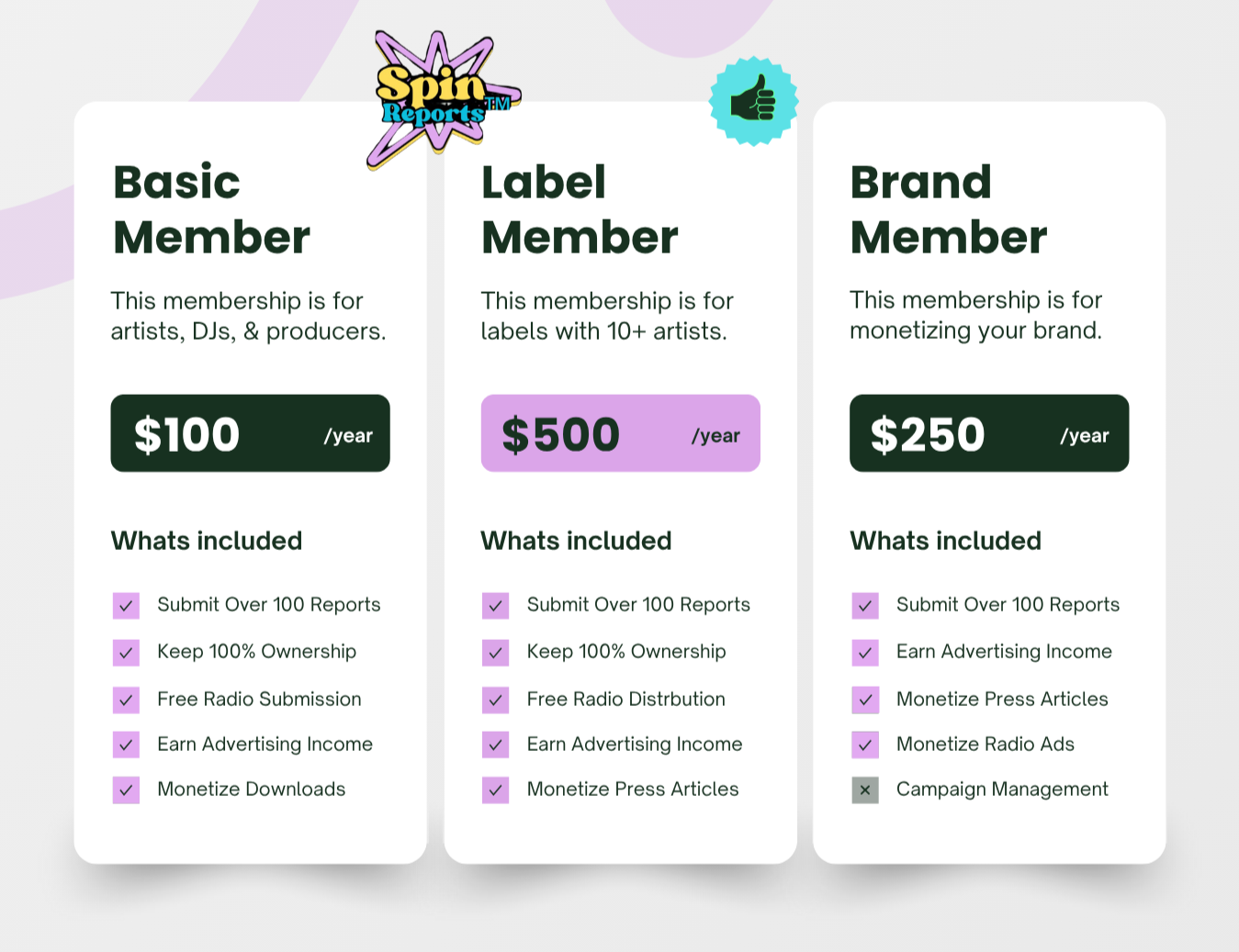 Pricing plans for Spin Reports: Basic Member for $100/year, Label Member for $500/year, Brand Member for $250/year, with features listed for each plan.