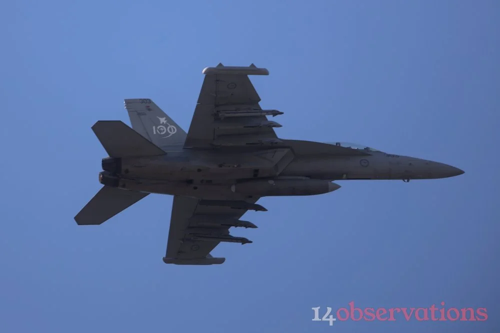 F-18 Growler flying over the Brisbane River in a test flight for RiverFire 2025.