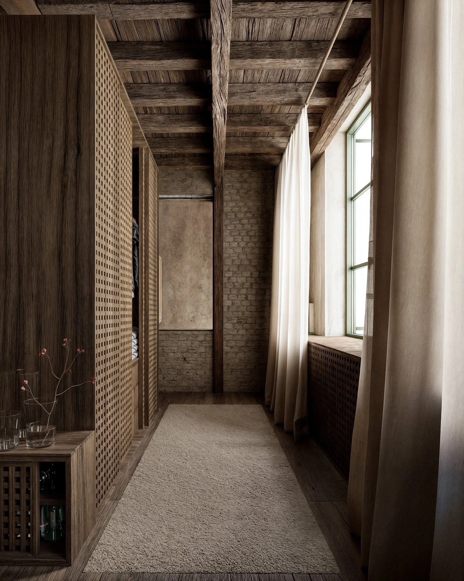 A room with wooden paneling, a beige carpet, and large window with cream curtains. The window has a ledge covered with a wooden lattice, and there is a small cabinet with glasses and a vase with flowers.