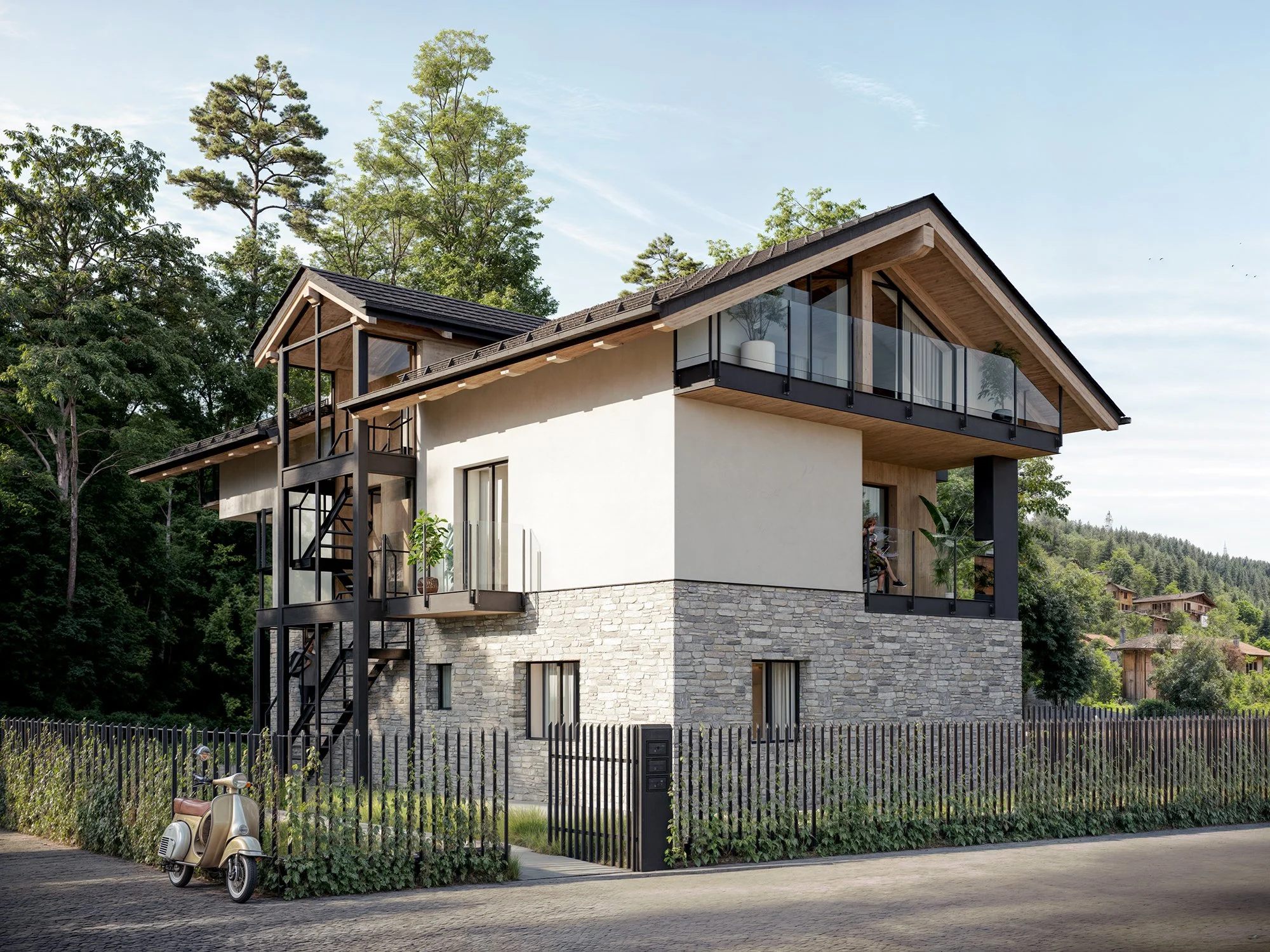 Modern multi-story house with stone and white exterior, glass balcony, black metal staircase, and surrounding greenery, with mountains and other houses in the background.