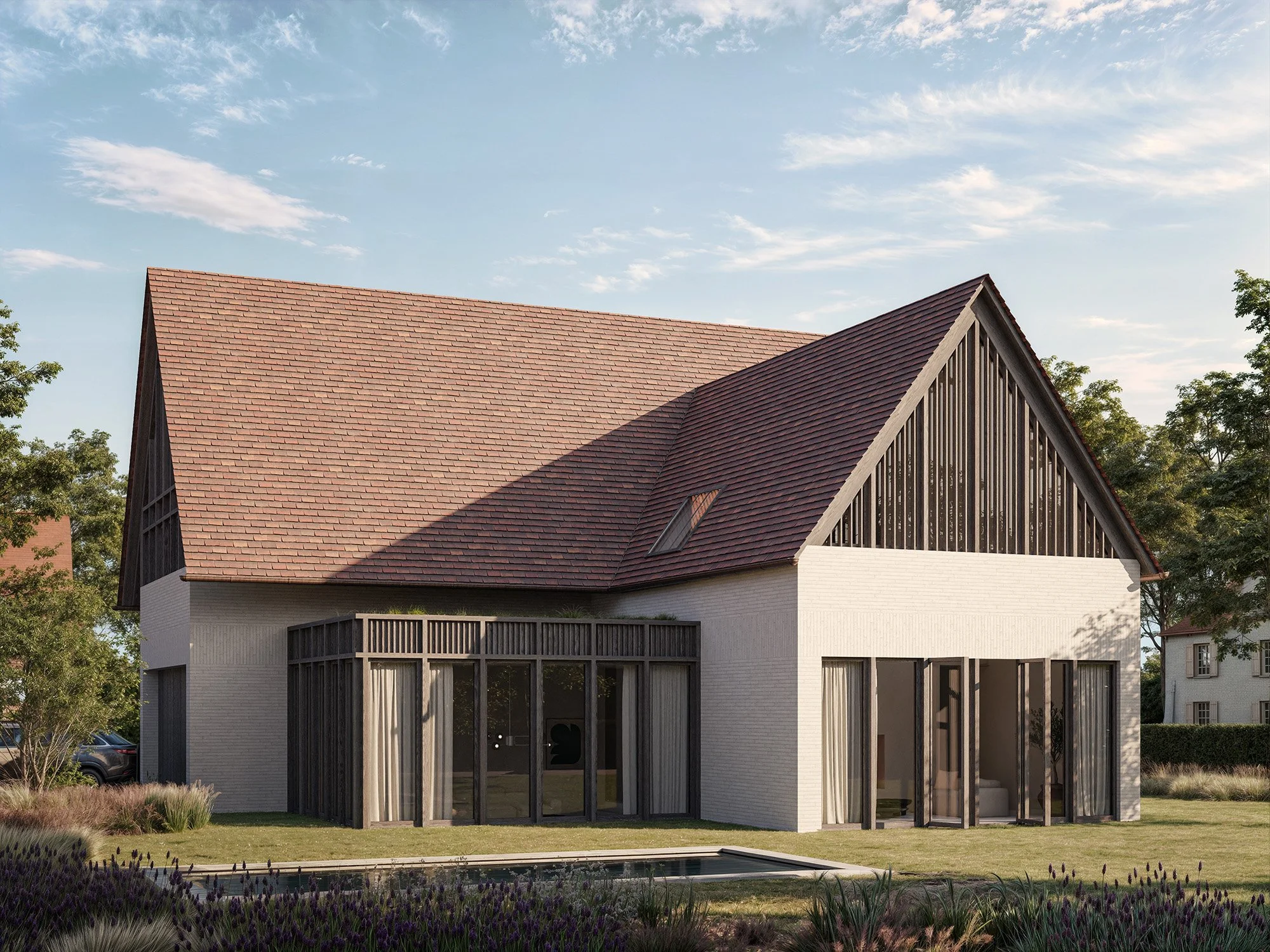 A modern house with a steep gabled roof, large glass doors, and a landscaped yard with trees and plants.