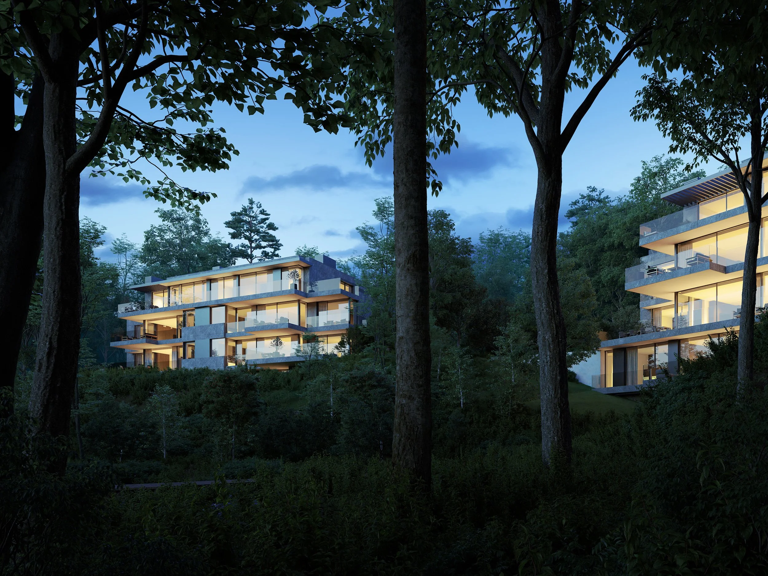 Modern multi-story buildings with large glass windows, illuminated from inside, are situated amidst tall trees on a hillside during dusk.