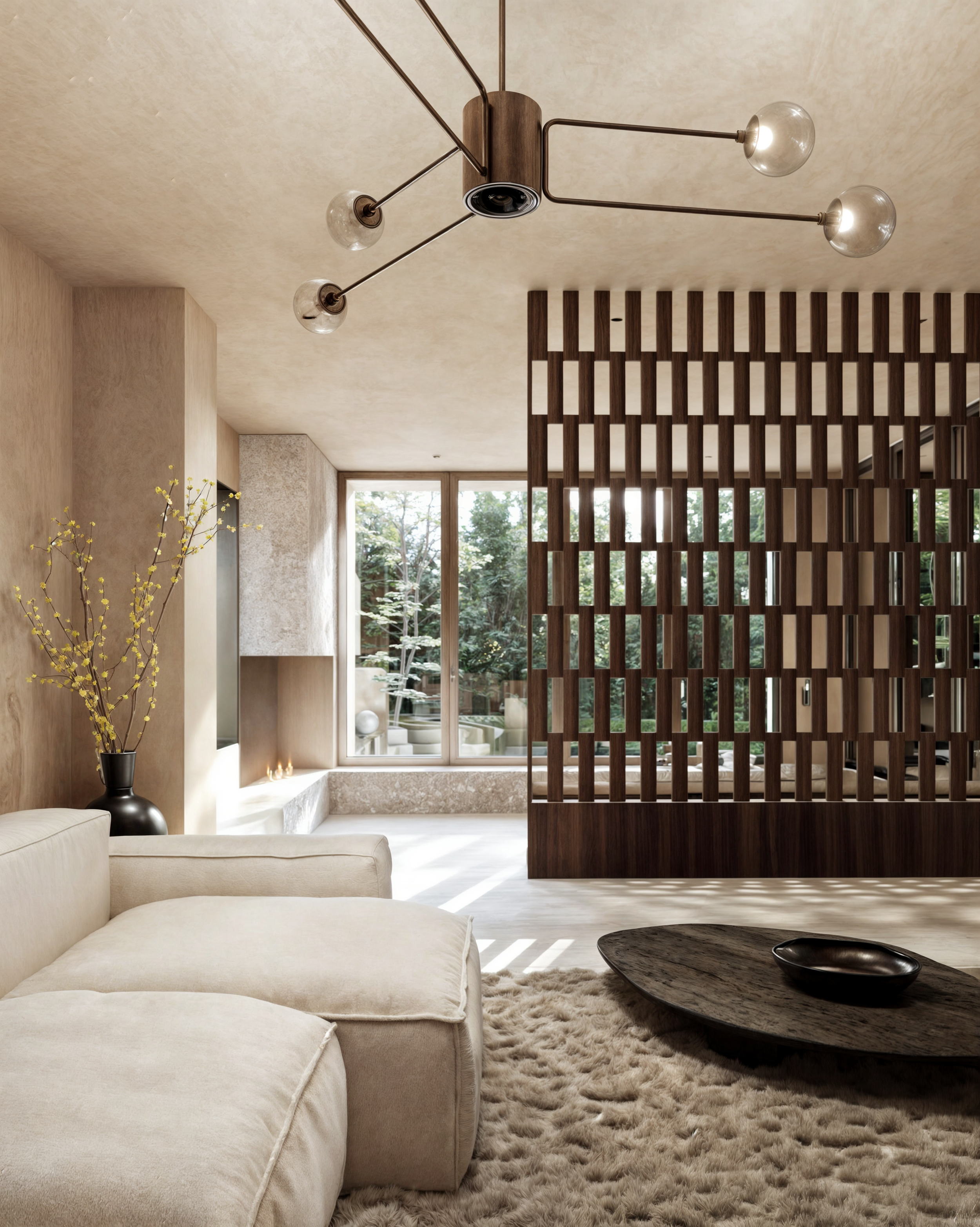 Modern living room with beige sofa, black vase with yellow branches, textured wall, large window with trees outside, wooden room divider, and a chandelier with exposed bulbs.