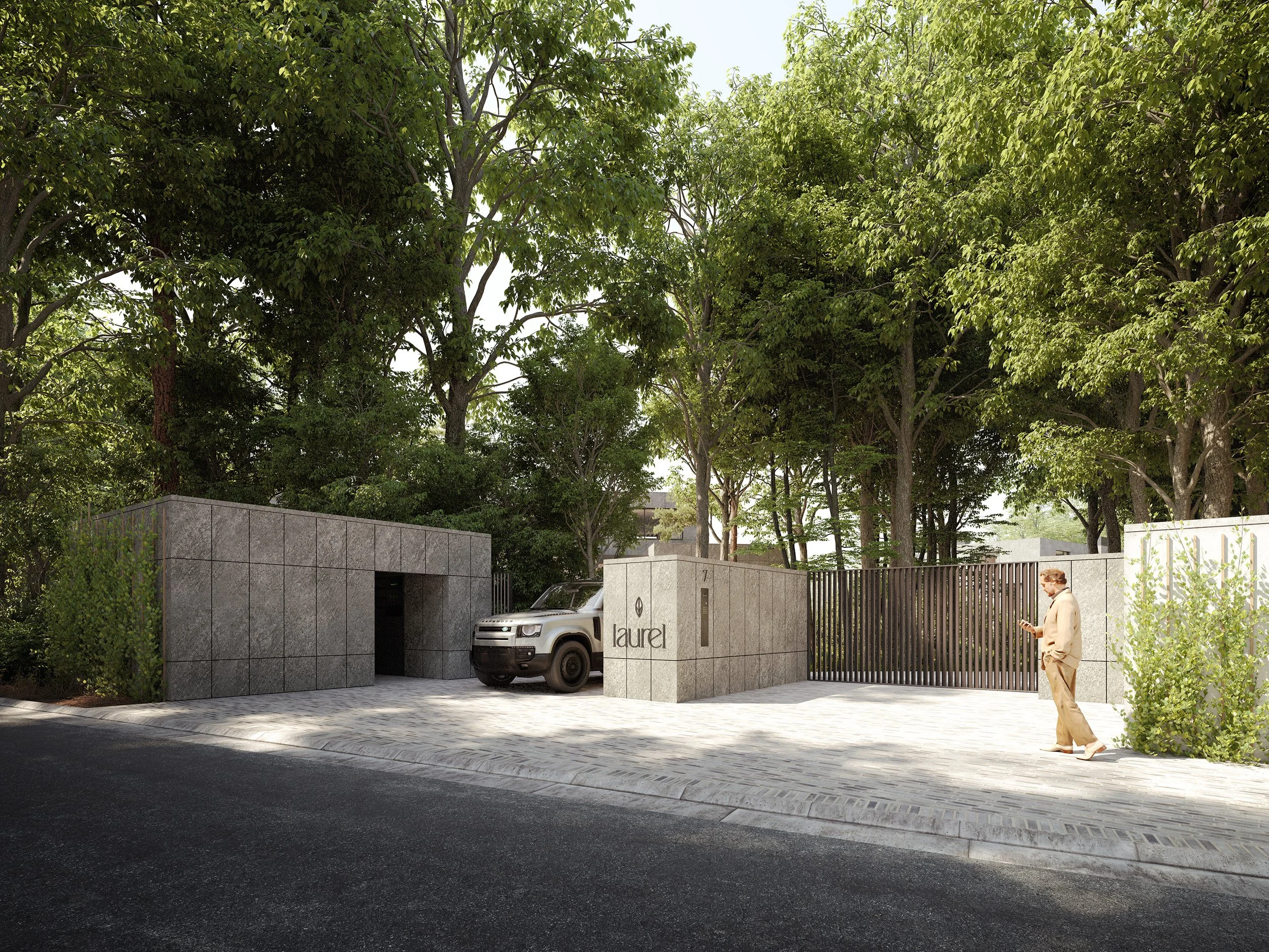 Modern gated entrance to a property with stone walls, black metal gates, a parked Range Rover, large trees in the background, and a person walking on the sidewalk, using a smartphone.