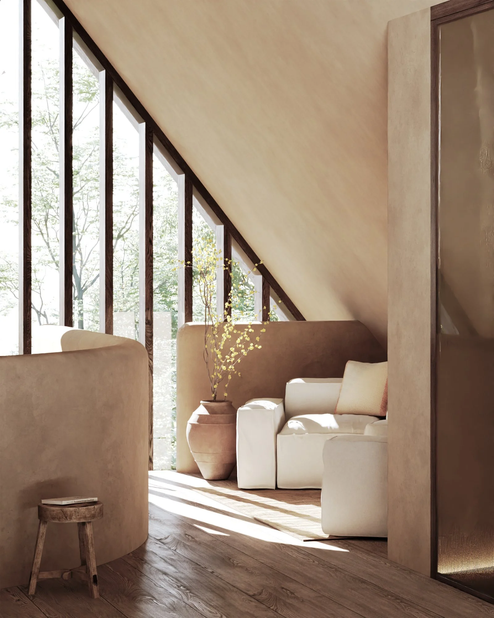 A cozy corner in a modern room with a white armchair, a wooden stool, a potted plant, and large windows with wooden slats letting in natural light.