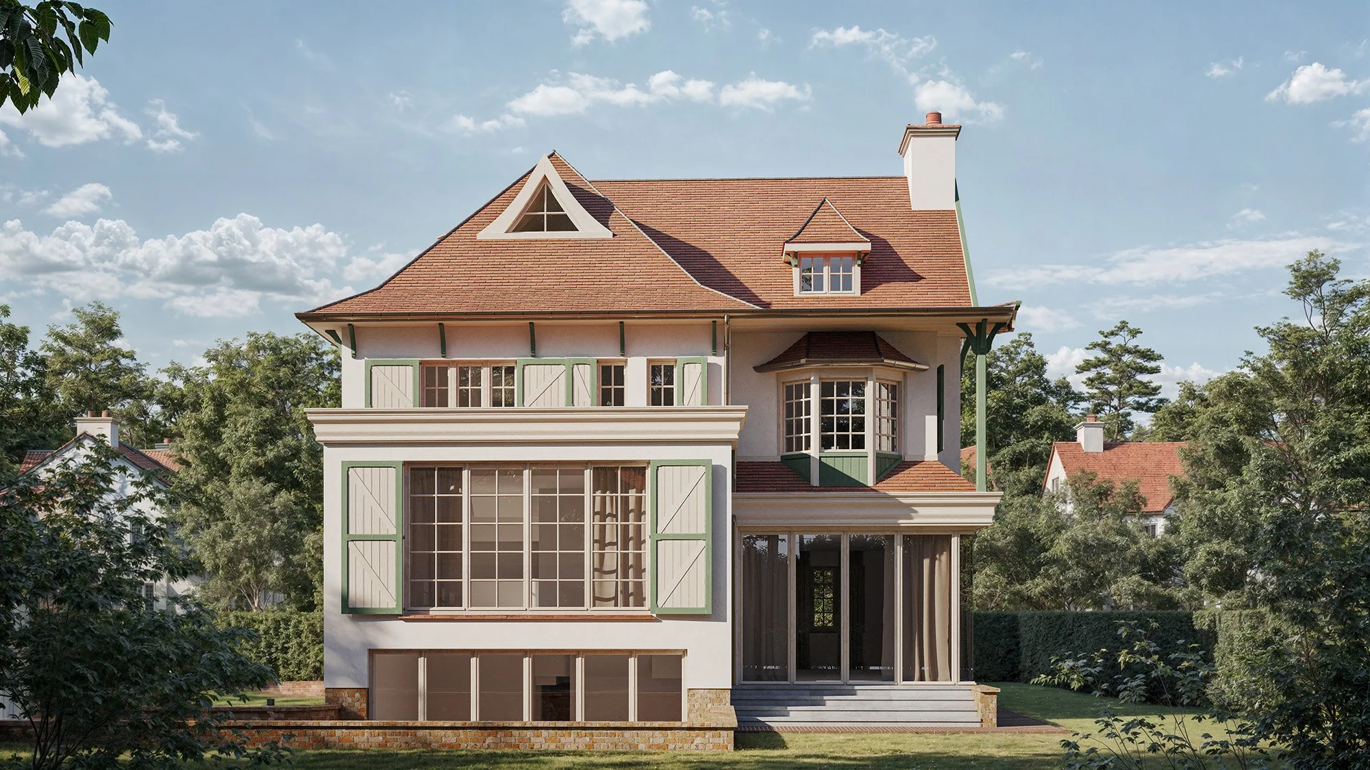 Front view of a large, three-story house with a red tiled roof, white walls, and green shutters. The house has multiple windows, a balcony, and a porch with steps leading up to it, surrounded by trees and a grassy yard under a partly cloudy sky.