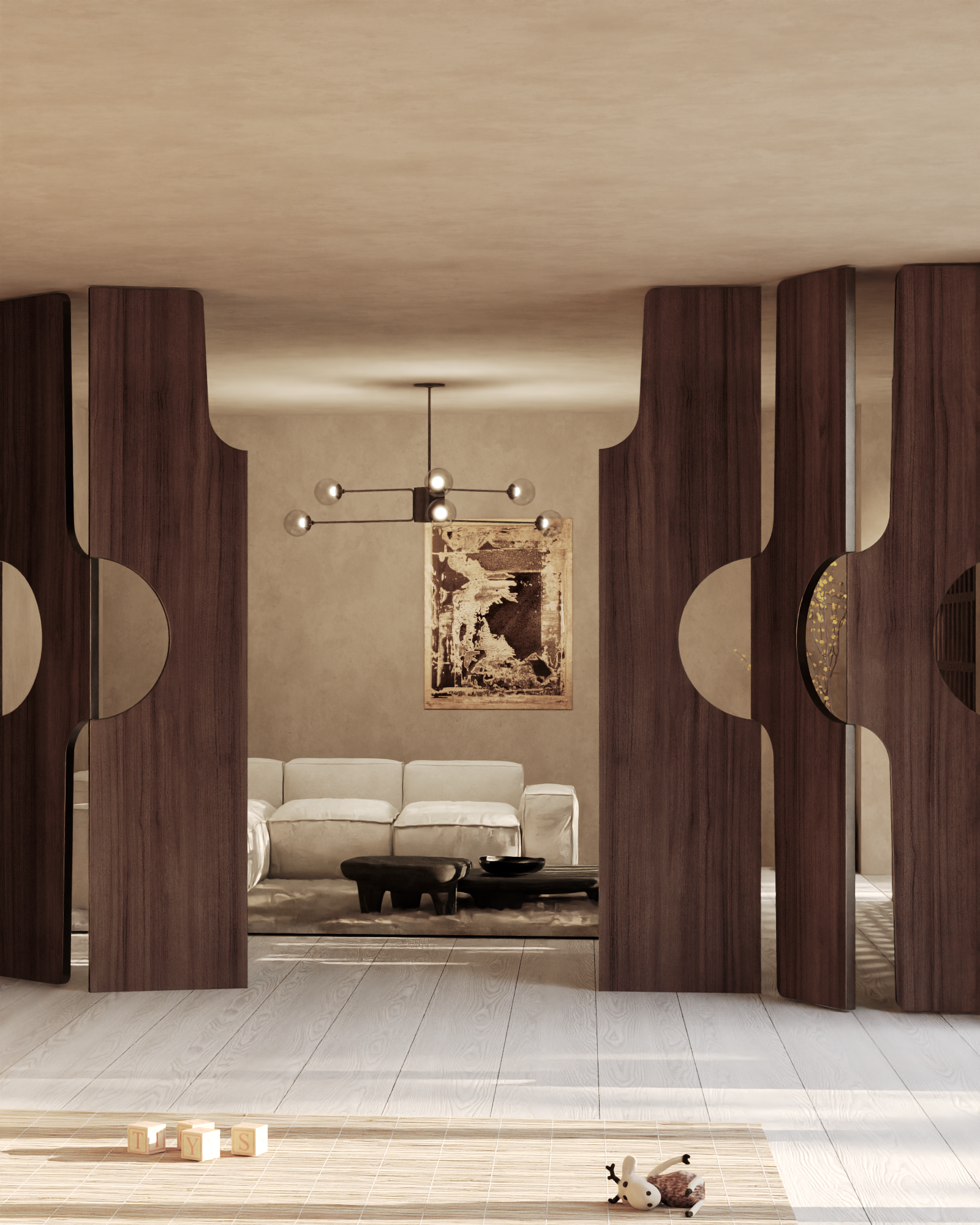 Living room seen through wooden room dividers with a modern chandelier, a beige sofa, a dark wooden coffee table, wall art, and children's toys on a rug.