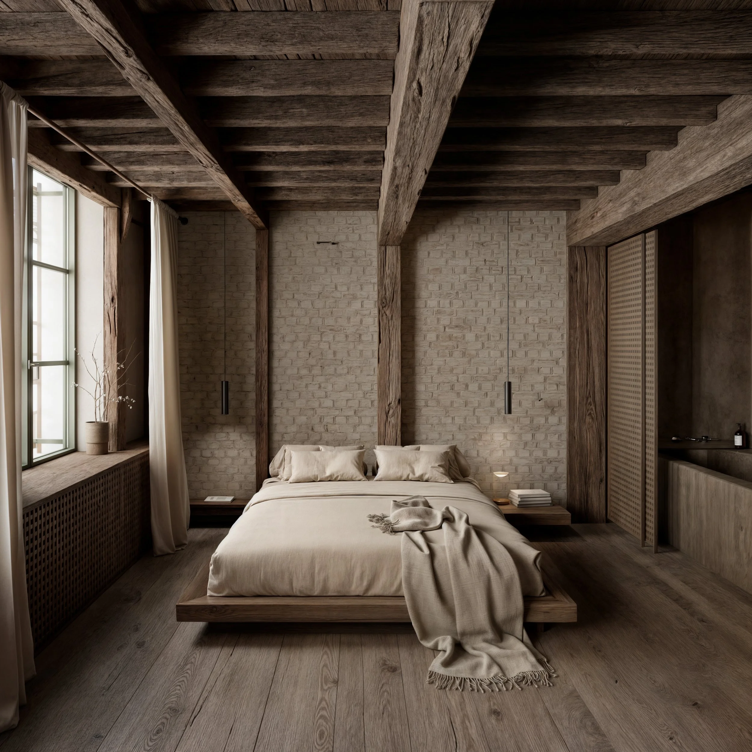 Minimalist bedroom with a low wooden bed, beige bedding, and pillows. Neutral-toned walls with exposed brick and wooden beams on the ceiling. A window with white curtains, a small side table with books, and a privacy screen or closet is visible on th