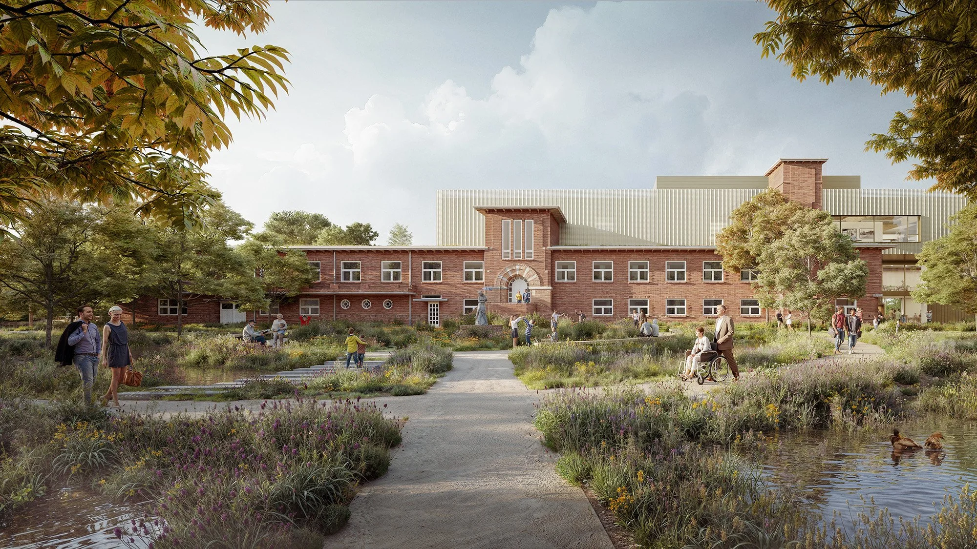 A modern landscape with a brick building in the background, surrounded by trees, greenery, and a pond with ducks. People are walking, sitting, and enjoying the outdoor space, including a couple with a wheelchair, children playing, and adults strollin