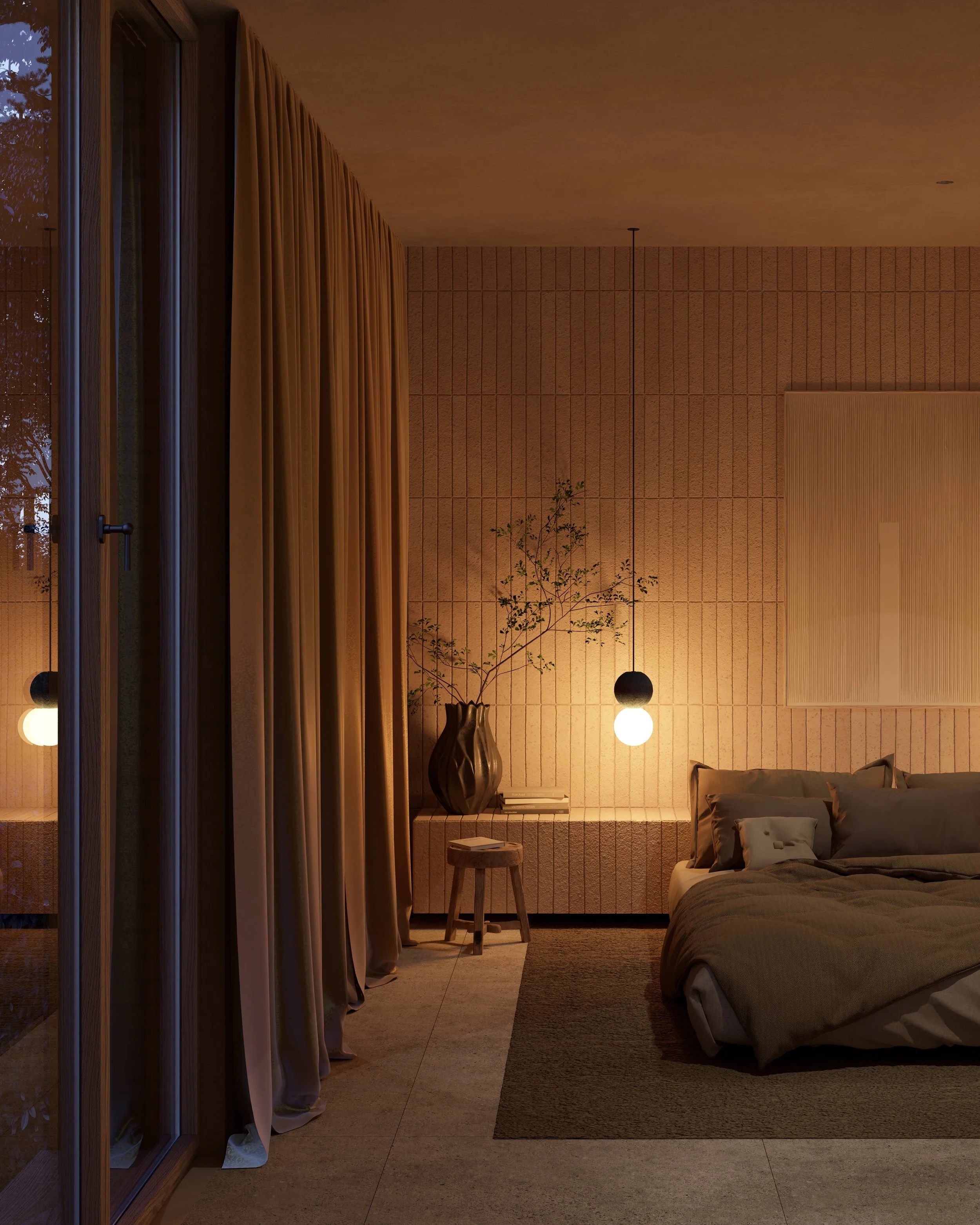 A cozy bedroom with a bed, beige bedding, pillows, and a textured beige wall. Next to the bed is a small side table, a large vase with branches, books, and a hanging pendant light. Floor-to-ceiling curtains cover a window on the left.