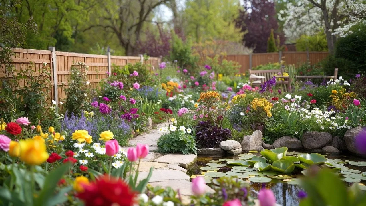 Hertfordshire garden with colourful planting, a stone path and a small pond