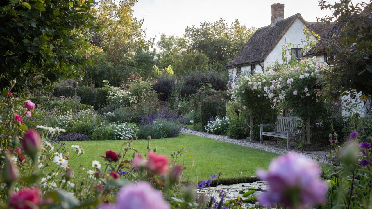 Hertfordshire garden with a lawn, flowering borders and a bench beneath climbing roses