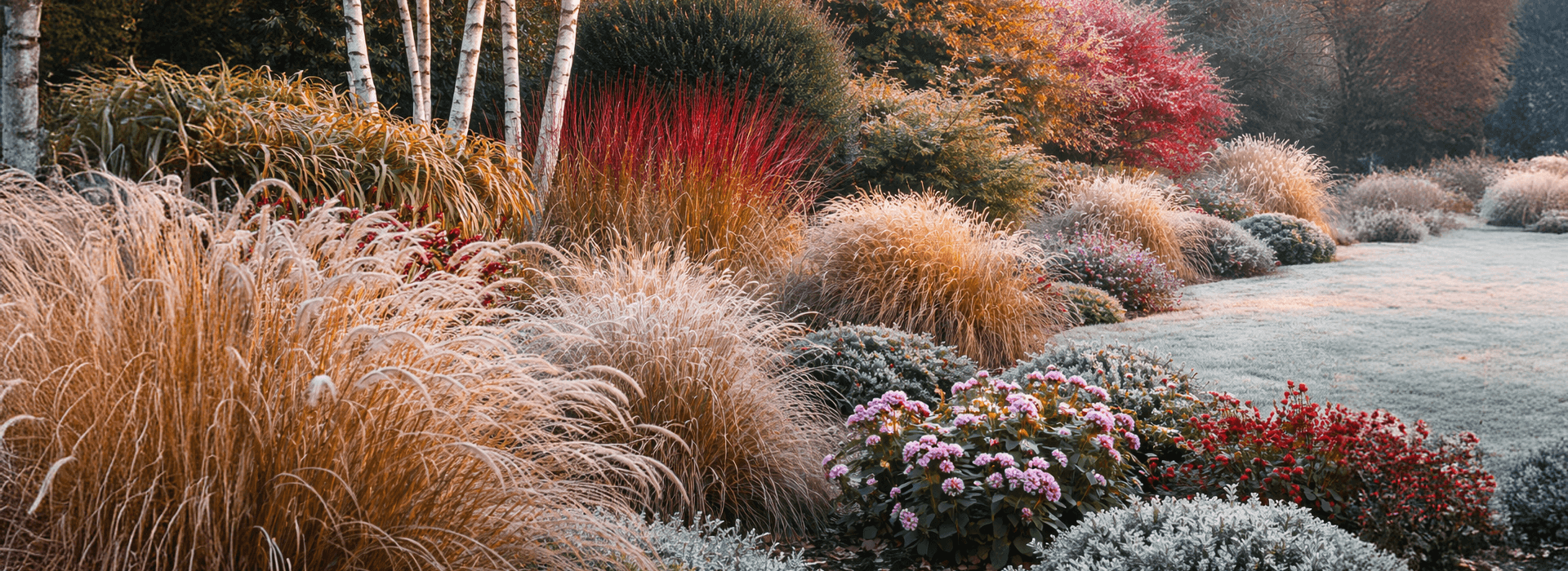 Winter garden border with silver birch, red-stemmed dogwood, ornamental grasses, hellebores and evergreen shrubs