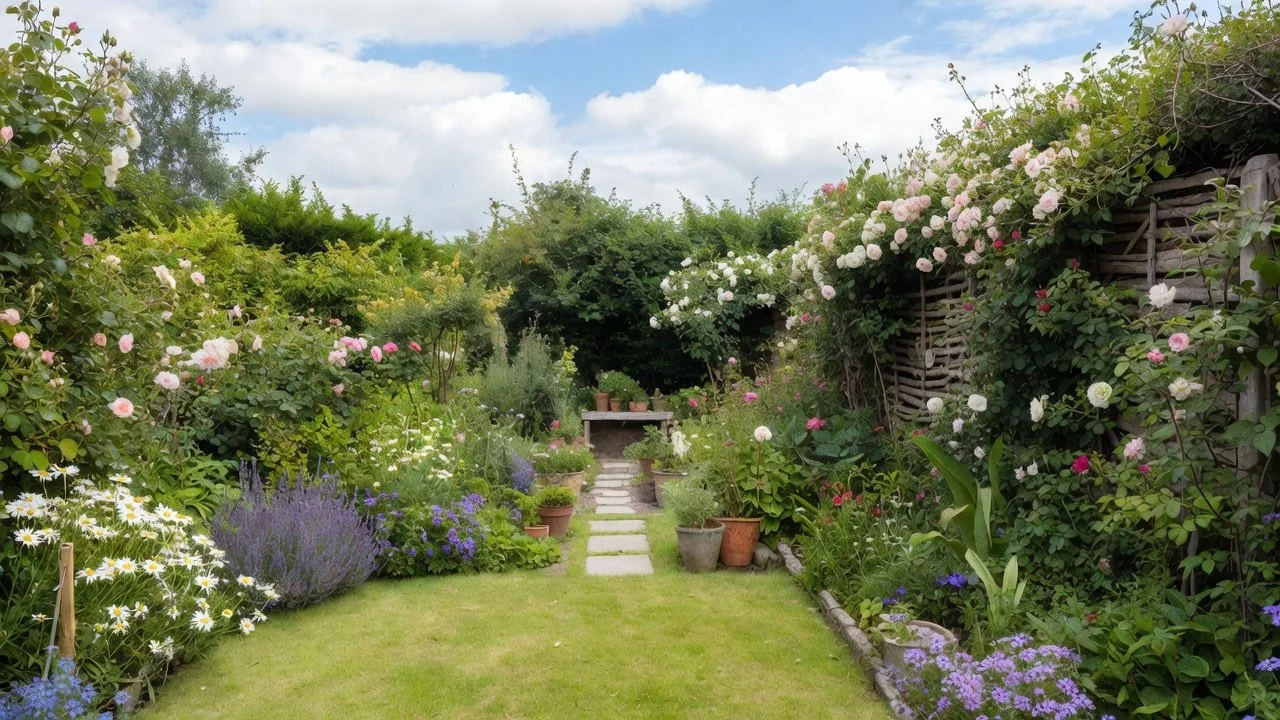 Berkshire garden with a lawn, stepping-stone path and flowering borders
