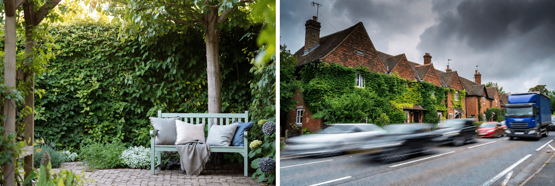 Garden seating area screened by dense green planting near a busy roadside, showing how planting and living walls create privacy and calm
