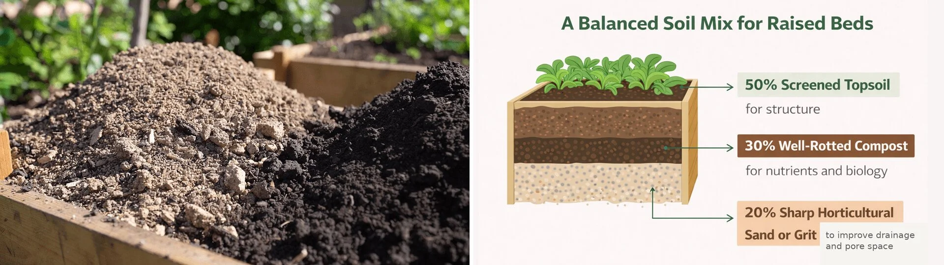Raised bed soil mix infographic showing 50% topsoil, 30% compost, and 20% sharp sand or grit for drainage and pore space.